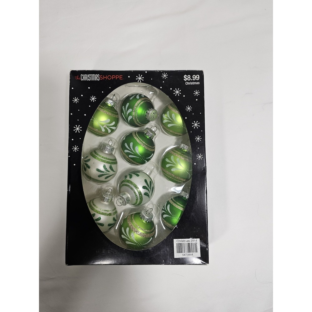 10 NEW  The Christmas Shoppe - Glass Bulbs  - Green/Cream Colors‎ - Accented